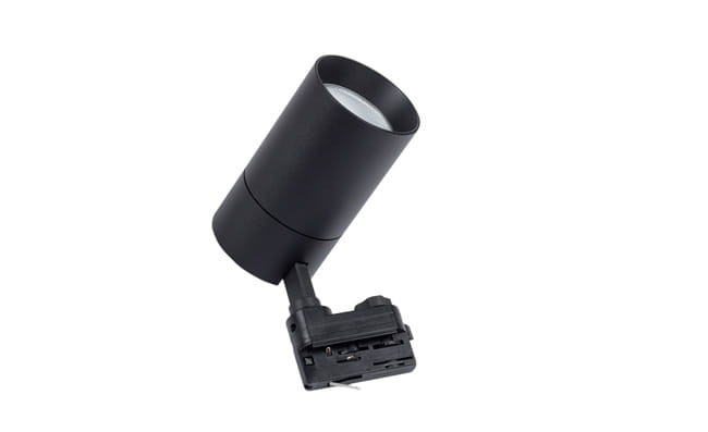 Reflektor spot LED 10W w kolorze czarnym, montowany na szynie 1-fazowej. Cylindryczny kształt, z widoczną soczewką. Ujęcie z boku, pokazujące zamontowaną podstawę. Idealny do oświetlenia wnętrz.