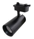 Reflektor spot LED o mocy 10W, barwie 4000K, w kolorze czarnym, przeznaczony do szyn 1-fazowych. Ujęcie z boku, ukazujące cylindryczny kształt oraz detale mocowania. Wewnątrz widoczna żarówka LED.