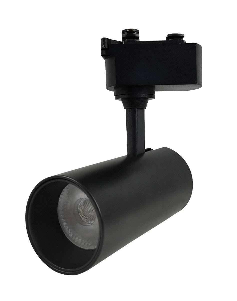 Reflektor spot LED o mocy 10W, barwie światła 4000K, w kolorze czarnym, przystosowany do montażu na jednofazowej szynie. Cylindryczny kształt z widoczną soczewką wewnętrzną, zamocowany na ruchomym uchwycie.