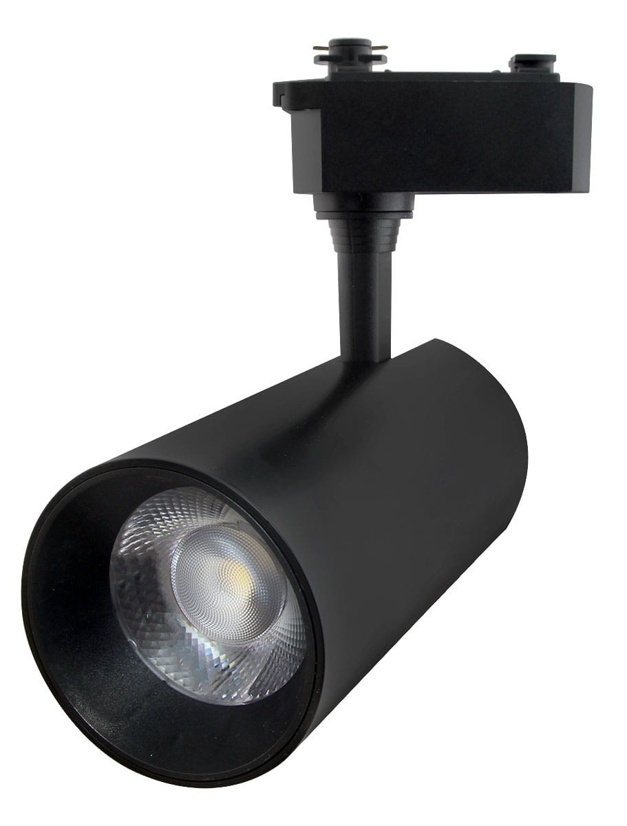 Reflektor LED Piko 30W w kolorze czarnym, przeznaczony do szyn 1-fazowych. Posiada cylindryczny kształt z połyskującą soczewką, umieszczony na uchwycie. Temperatura barwowa 4000K. Ujęcie z boku, pokazujące szczegóły konstrukcji.
