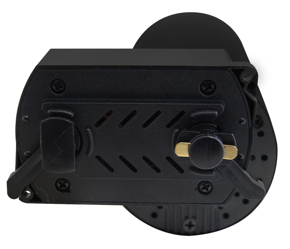 Reflektor spot LED 20W w kolorze czarnym, przeznaczony do szyn 1-fazowych. Widok z góry, z wyraźnymi detalami: przełącznik i mocowania. Produkt o barwie światła 4000K, o nowoczesnym, minimalistycznym designie.