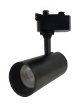 Czarny reflektor spot LED o mocy 20W i temperaturze barwowej 4000K, montowany na 1-fazowej szynie. Cylindryczny kształt z widoczną soczewką wewnętrzną zapewnia skoncentrowane oświetlenie. Ujęcie z boku.