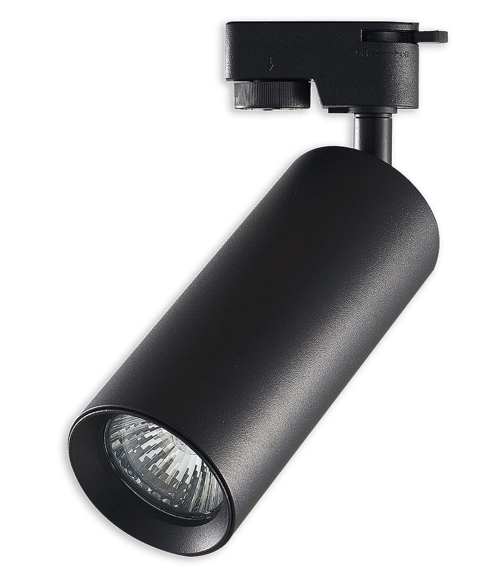 Reflektor spot GU10 do szyny 1-fazowej w kolorze czarnym. Cylindryczny kształt, metalowa obudowa z widocznym kloszem. Ujęcie z boku, pokazujące mocowanie oraz szczegóły optyki. Idealny do oświetlenia wnętrz.