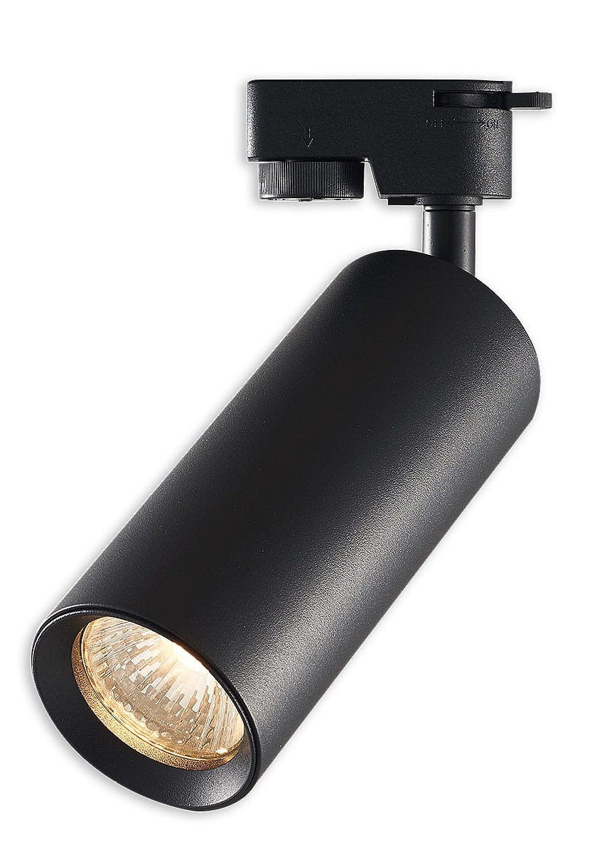 Reflektor spot Idar GU10 do szyny 1-fazowej w kolorze czarnym, o cylindrycznym kształcie. Ujęcie z boku, ukazujące źródło światła i metaliczną osłonę. Widoczny mechanizm montażowy oraz pokrętło do regulacji.