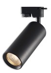 Reflektor spot Idar GU10 do szyny 1-fazowej w kolorze czarnym, o cylindrycznym kształcie. Ujęcie z boku, ukazujące źródło światła i metaliczną osłonę. Widoczny mechanizm montażowy oraz pokrętło do regulacji.
