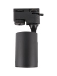 Reflektor spot GU10 do szyny 1-fazowej w kolorze czarnym. Produkt o cylindrycznym kształcie, z regulowanym kątem nachylenia. Złącze montażowe u góry z widocznymi oznaczeniami ON/OFF. Matowe wykończenie, bez widocznych napisów lub logo.