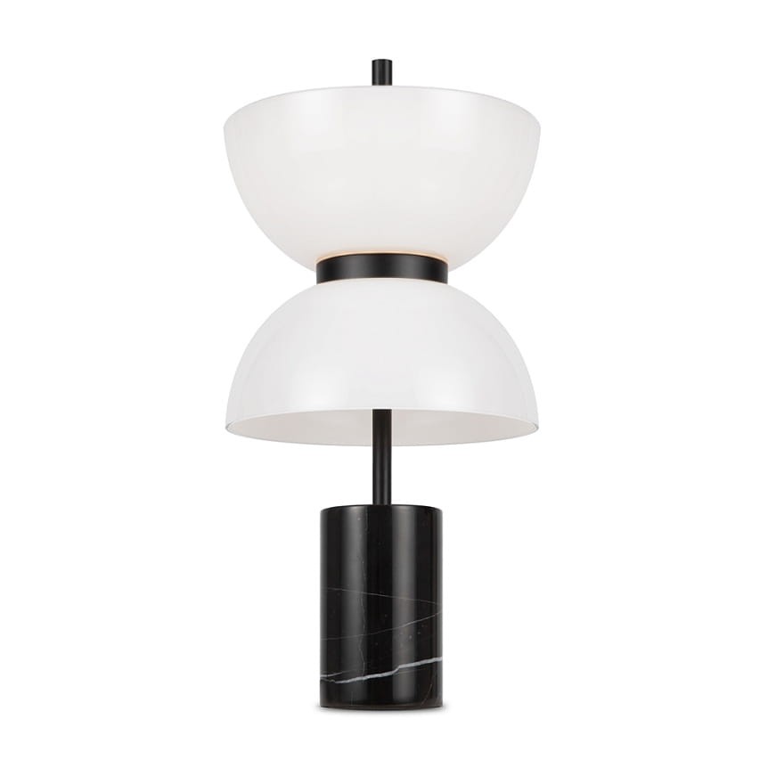 Lampa stołowa LED Kyoto, 11W, w kolorze czarnym. Posiada dwie białe klosze w kształcie półkul oraz podstawę z czarnego marmuru. Produkt stoi w pozycji pionowej, ukazując nowoczesny design i elegancką formę.