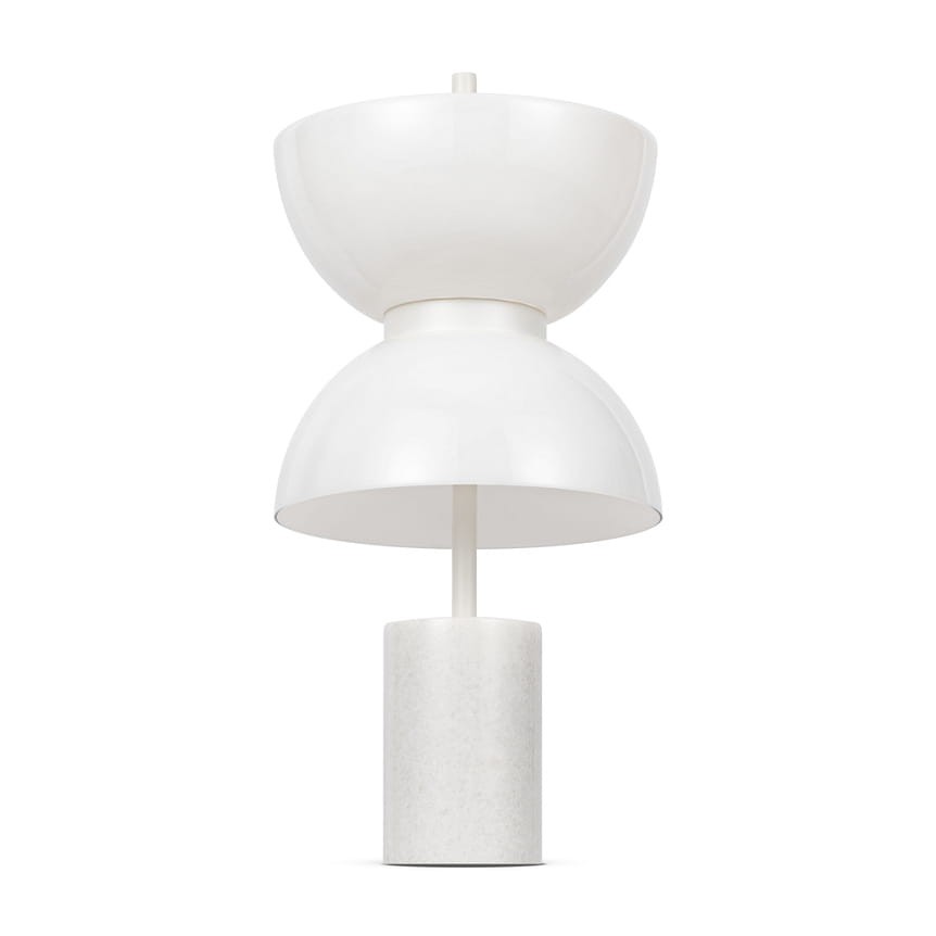 Lampa stołowa LED Kyoto o mocy 11W, w kolorze białym. Posiada dwie zaokrąglone, połyskujące klosze oraz cylindryczną podstawę z materiału przypominającego beton. Ujęcie frontalne, produkt stoi na płaskiej powierzchni.