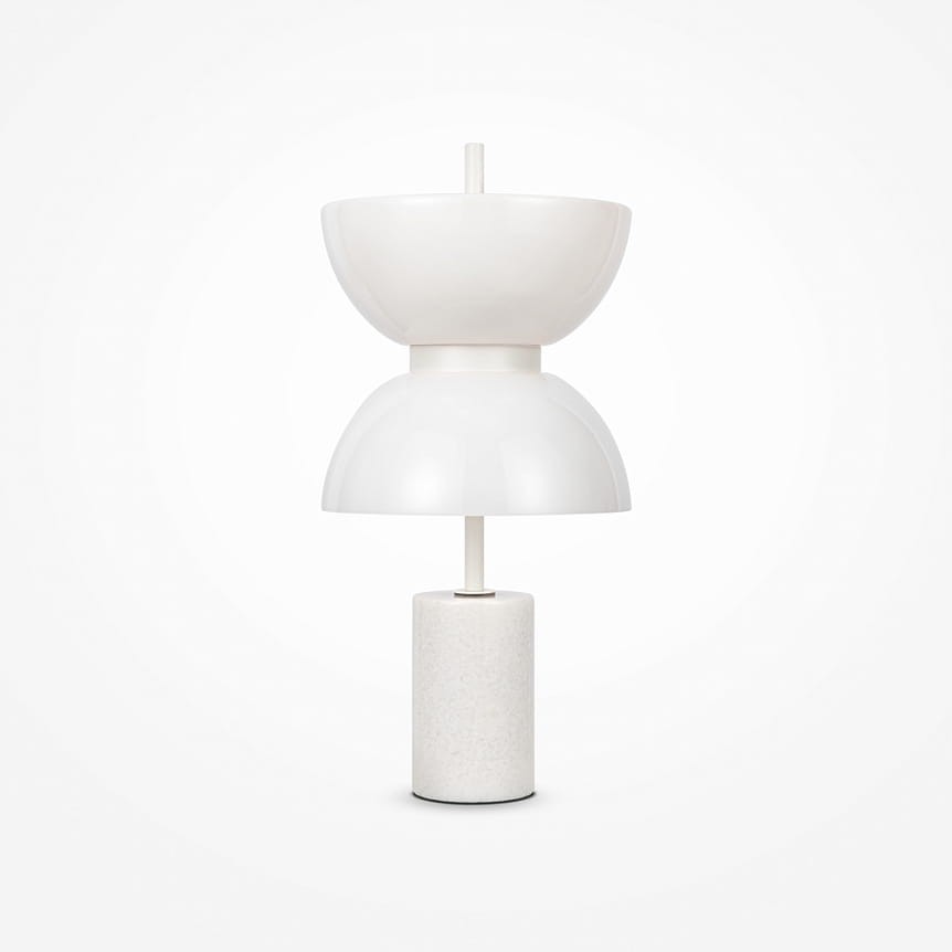 Lampa stołowa LED Kyoto o mocy 11W w kolorze białym. Składa się z dwóch pojemników w kształcie misek umieszczonych na cylindrycznej podstawie. Wykończenie matowe, minimalistyczny design, idealna do nowoczesnych wnętrz.
