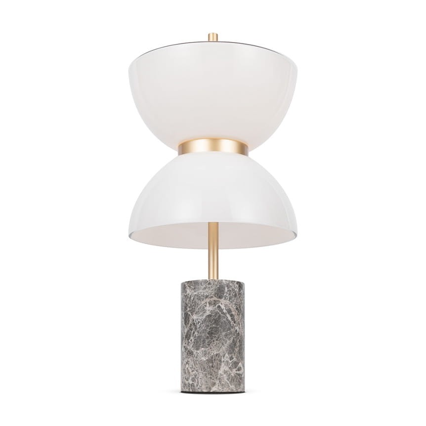 Lampa stołowa LED Kyoto o mocy 11W z białym kloszem w kształcie dwóch połączonych półkul, złotym wykończeniem i okrągłym, marmurowym podstawą. Ujęcie frontalne, produkt stoi na płaskiej powierzchni.