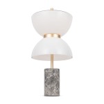 Lampa stołowa LED Kyoto o mocy 11W z białym kloszem w kształcie dwóch połączonych półkul, złotym wykończeniem i okrągłym, marmurowym podstawą. Ujęcie frontalne, produkt stoi na płaskiej powierzchni.