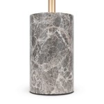 Lampa stołowa LED Kyoto w złotym kolorze, z okrągłą podstawą z szarego marmuru o teksturowanej powierzchni, z metalowym podpórką. Produkt stoi w pozycji pionowej na prostym tle. Wysokość lampy wynosi około 30 cm.
