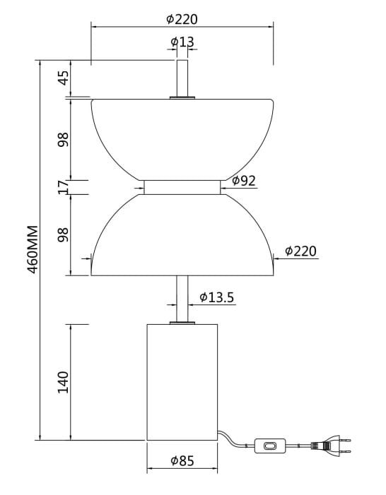 Kyoto lampa stołowa LED o mocy 11W, złota. Posiada dwie połączone, półkuliste klosze, stojącą podstawę o wymiarach 85 mm x 140 mm oraz przewód z włącznikiem. Wysokość lampy wynosi 460 mm, a średnica kloszy 220 mm.