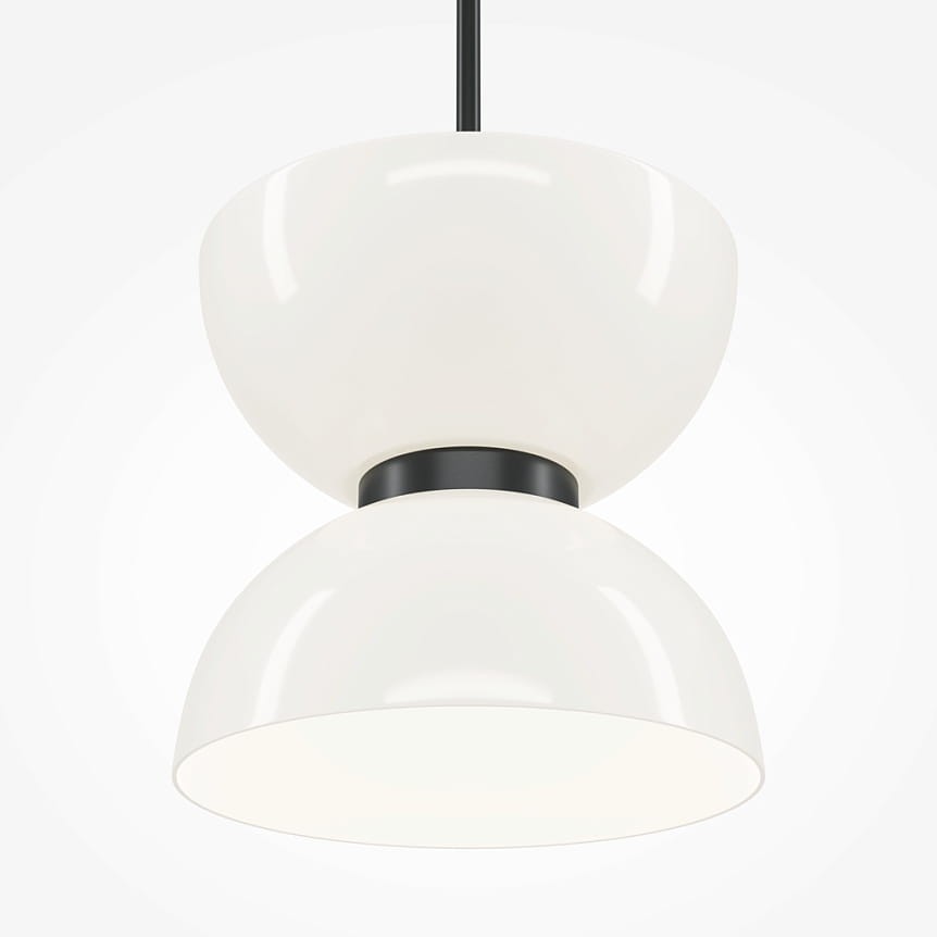 Lampa wisząca LED Kyoto o mocy 11W w kolorze czarnym. Posiada dwie półkuliste, białe osłony. Ujęcie z dołu, ukazujące detal kształtu i wykończenia. Idealna do nowoczesnych wnętrz.