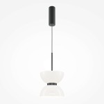 Lampa wisząca LED Kyoto o mocy 11W, w kolorze czarnym, z dwoma kulistymi kloszami w białym kolorze. Produkt zawieszony na cienkim przewodzie, z cylindrycznym mocowaniem sufitowym. Prosta, nowoczesna forma. Tło jasne, jednolite.