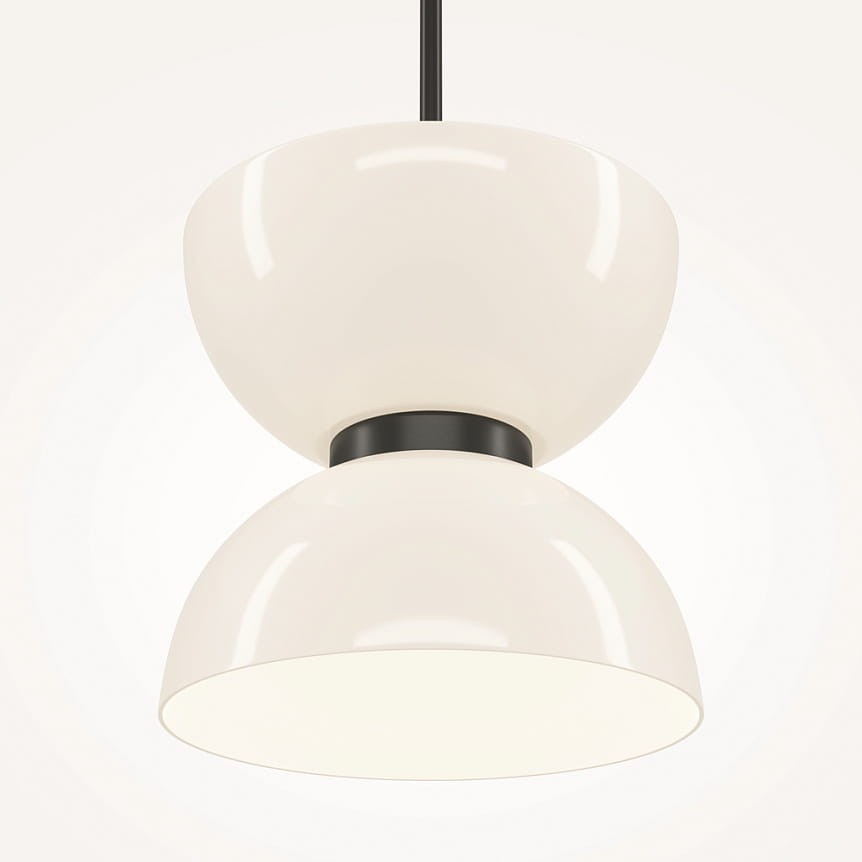 Lampa wisząca LED Kyoto o mocy 11W, z czarnym detalem, z charakterystycznym kształtem przypominającym dwie połączone półkulki w kolorze białym. Produkt zawieszony na cienkim, czarnym przewodzie. Idealna do nowoczesnych wnętrz.