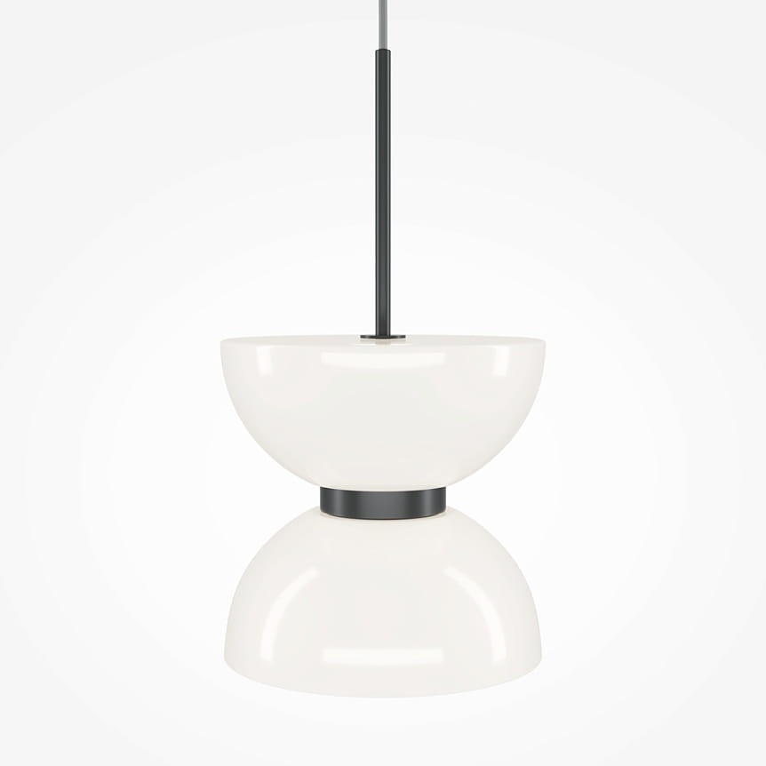 Lampa wisząca LED Kyoto o mocy 11W w kolorze czarnym. Okrągła, dwuczęściowa konstrukcja z białym, połyskującym kloszem i czarnym metalowym elementem łączącym. Zawieszona na cienkim przewodzie, na jasnym tle.