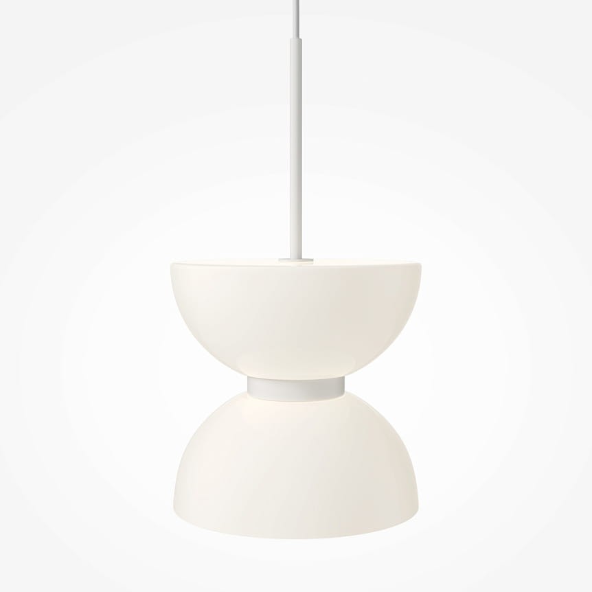 Lampa wisząca LED Kyoto o mocy 11W, w kolorze białym. Okrągły klosz składający się z dwóch połączonych elementów: górnego w kształcie miski i dolnego w formie półkuli. Zawieszona na cienkim białym kablu, minimalistyczny design.