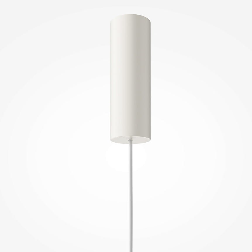 Lampa wisząca LED Kyoto o mocy 11W w kolorze białym, w kształcie cylindrycznym. Widok z dołu, zawieszona na białym przewodzie. Prosta, minimalistyczna konstrukcja, idealna do nowoczesnych wnętrz.