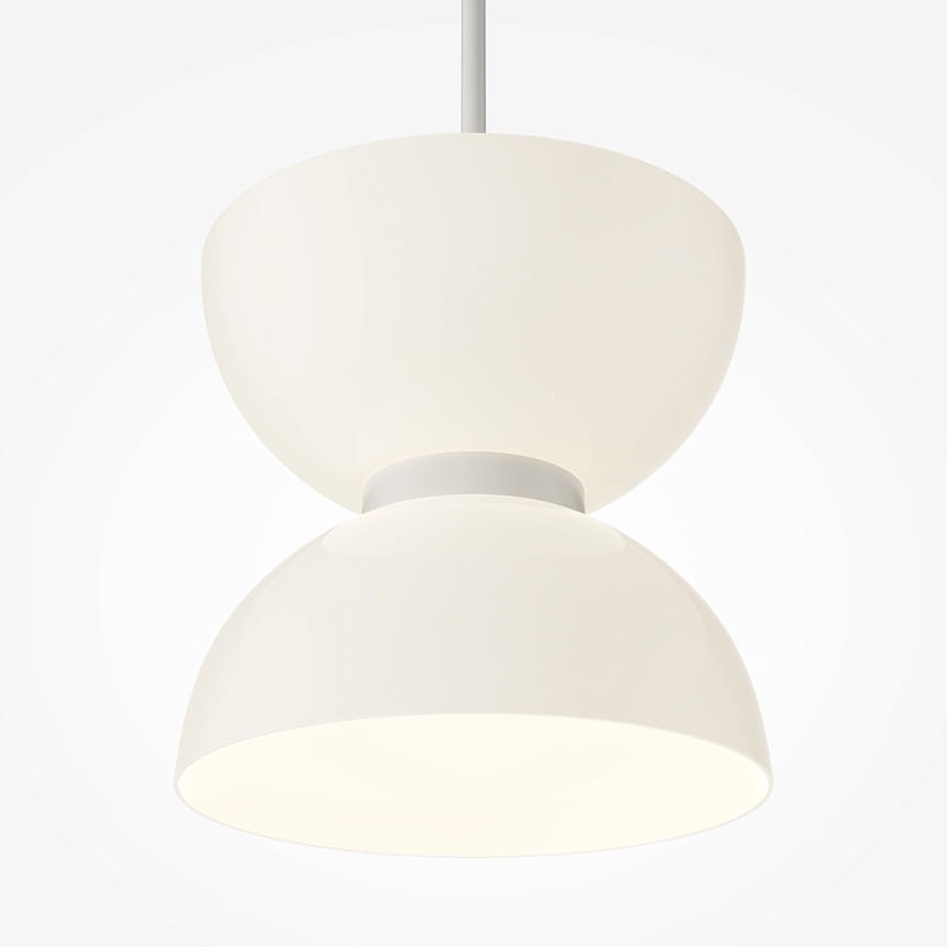 Lampa wisząca LED Kyoto o mocy 11W w kolorze białym, z dwiema połączonymi kloszami w kształcie półkul, zawieszona na białym przewodzie. Prosty, nowoczesny design, idealna do oświetlenia wnętrz.