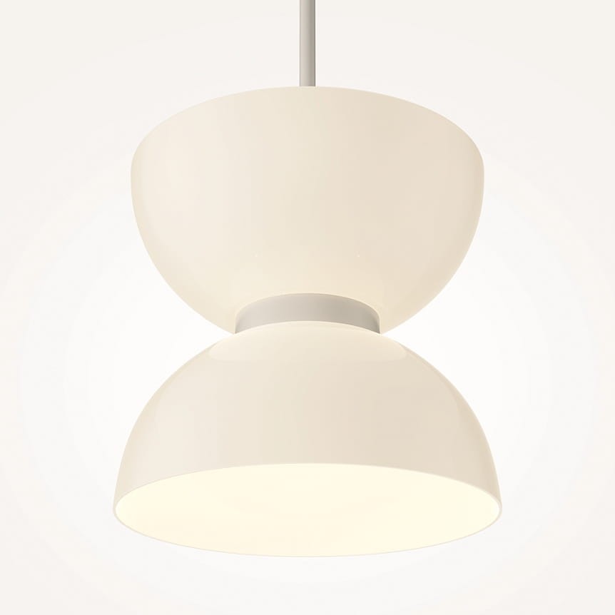 Lampa wisząca LED Kyoto o mocy 11W, w kolorze białym, z dwoma połączonymi kloszami w kształcie półkul. Zawieszona na cienkim przewodzie, emitująca ciepłe światło, idealna do nowoczesnych wnętrz.