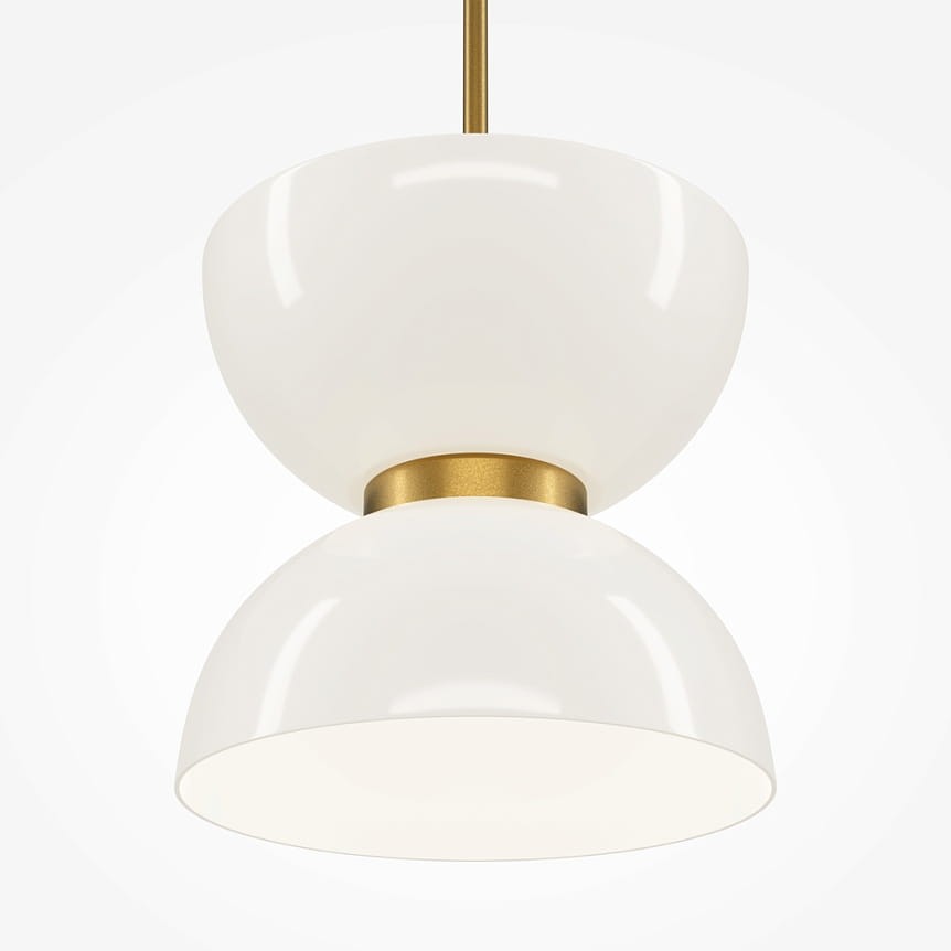Lampa wisząca LED Kyoto o mocy 11W, z podwójną kloszem w kształcie kulistym, wykonana z białego materiału, z metalowym złotym mocowaniem. Zawieszona na cienkim przewodzie, w minimalistycznym stylu, idealna do nowoczesnych wnętrz.