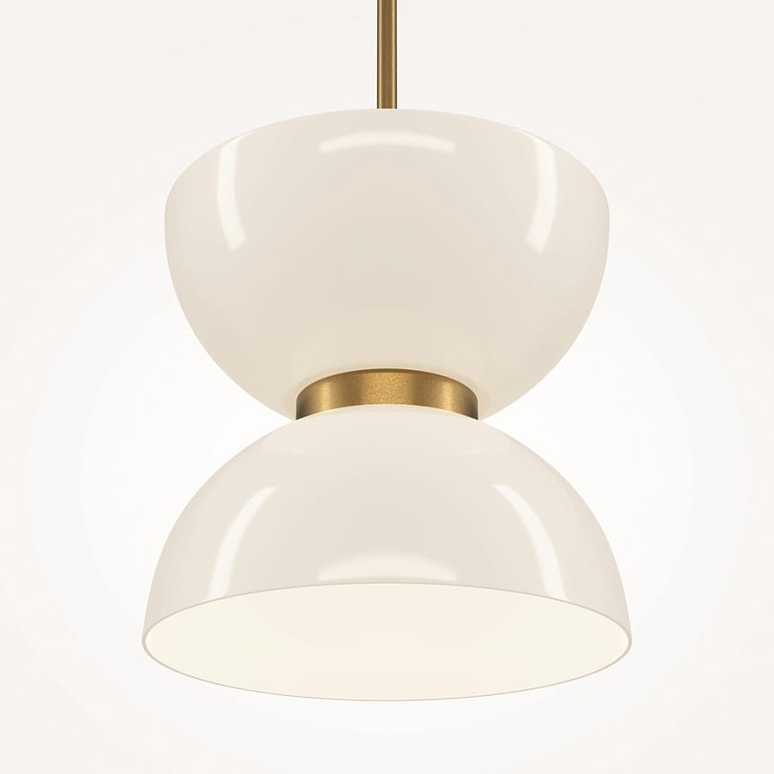 Lampa wisząca LED Kyoto o mocy 11W, w kolorze złotym, z dwiema białymi, półkulistymi osłonami. Ujęcie frontalne, zawieszona na cienkim kablu. Elegancki design, idealna do nowoczesnych wnętrz.