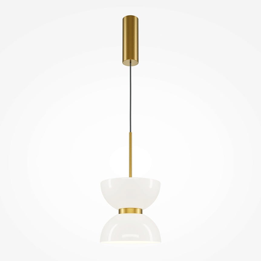 Lampa wisząca LED Kyoto o mocy 11W, w kolorze złotym. Składa się z dwóch białych kloszy o kształcie półkul, umieszczonych jeden na drugim, zawieszona na cienkim kablu. Górna część ma cylindryczny, złoty element mocujący.