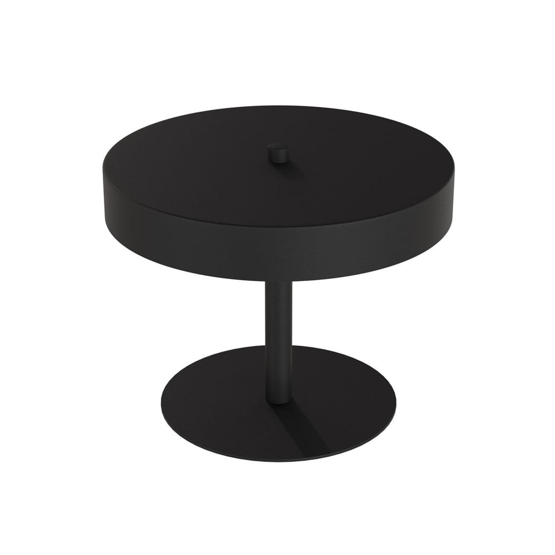Czarna lampa stołowa Nemo 2xG9 z okrągłym, płaskim kloszem i cylindrycznym stelażem. Produkt prezentowany frontalnie, na stabilnej, okrągłej podstawie. Minimalistyczny design, matowa powierzchnia.