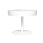 Lampa stołowa Nemo w kolorze białym, z okrągłym kloszem i podstawą. Wyposażona w dwa gniazda G9. Prezentowana w pozycji stojącej, z widoczną prostą konstrukcją i matową powierzchnią. Tło białe, co podkreśla minimalistyczny design.
