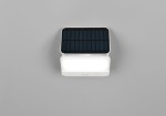Kinkiet zewnętrzny solarny Viamao z czujnikiem ruchu, w kolorze białym. Posiada panel słoneczny na górze oraz białe światło LED na dole. Produkt pokazany z przodu, w pozycji otwartej, na jednolitym tle. Wymiary i detale nieczytelne.