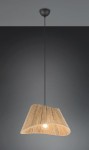 Lampa wisząca Valerie z kloszem w kształcie falistym, w kolorze naturalnym, wykonana z materiału tekstylnego. Czarny przewód i sufitowa mocowanie. Źródło światła E27, zawieszona na długim kablu, z widoczną żarówką. Tło w odcieniach szarości.