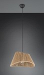 Czarna lampa wisząca Valerie z kloszem w naturalnym kolorze, wykonanym z plecionego materiału. Klosz ma zaokrąglony kształt, zawieszony na długim przewodzie, montowany do sufitu. Idealna do nowoczesnych wnętrz.