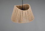 Lampa wisząca Valerie z kloszem w kolorze naturalnym, wykonanym z plecionych włókien, o kształcie stożkowatym. Uchwyt w kolorze czarnym. Produkt widoczny z góry, zawieszony na cienkim kablu. Tło jednolite, szare.