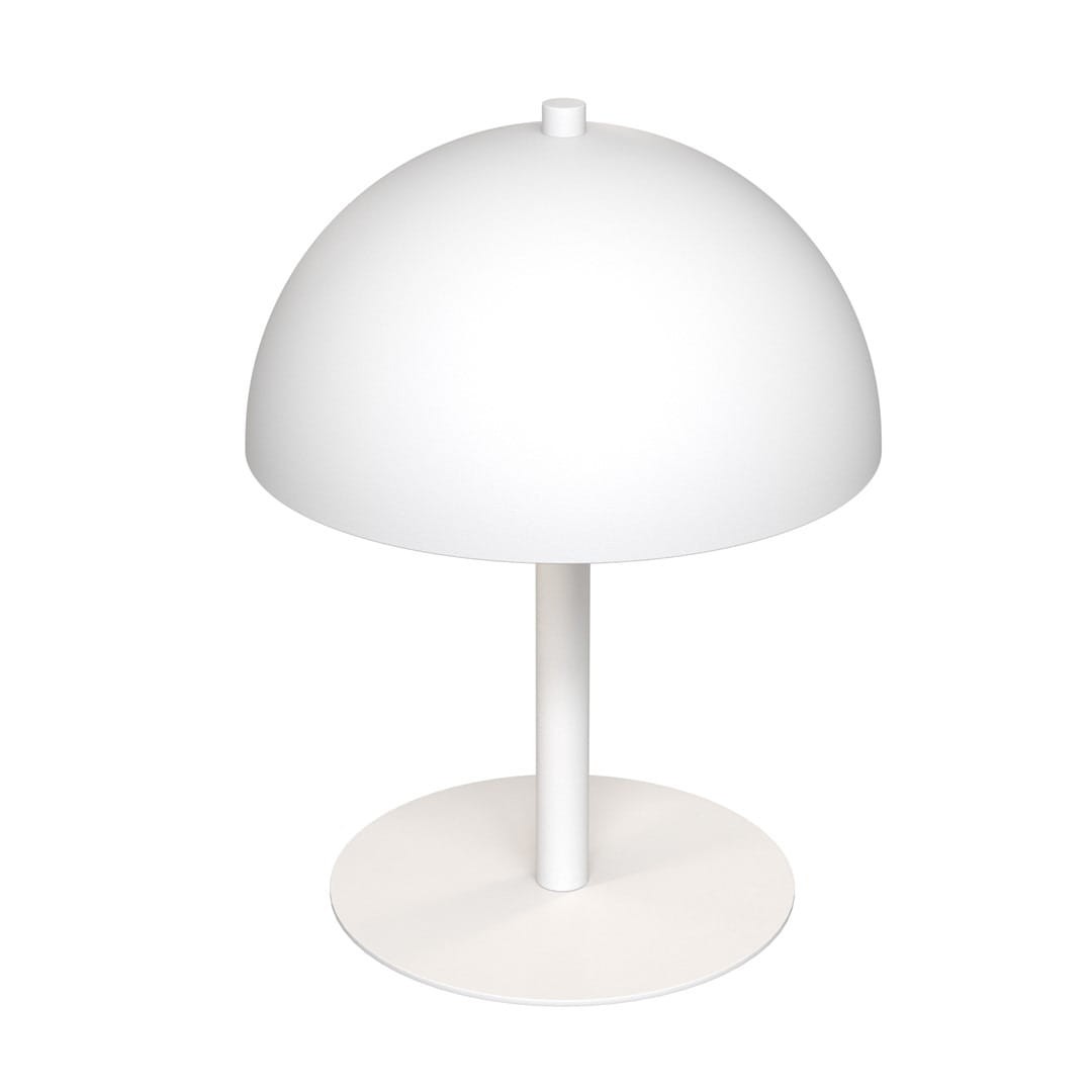 Lampa stołowa Mogu 2xG9 w kolorze białym, z okrągłym kloszem w kształcie półkuli i prostą, cylindryczną podstawą. Ujęcie frontalne, produkt stoi na jednolitym tle.