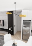 Lampa sufitowa Lotus 2xE14 w kolorze czarnym z pomarańczowymi kloszami, zawieszona na cienkim, czarnym przewodzie. Klosze mają kształt lekko zaokrąglonych prostokątów, w stylowym, nowoczesnym wnętrzu.
