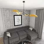 Czarna lampa sufitowa Lotus z czterema kloszami E14 w kształcie liści, w kolorze pomarańczowym, zawieszona nad szarym rogowym narożnikiem. W tle widoczna szara ściana z grafiką oraz zasłony.