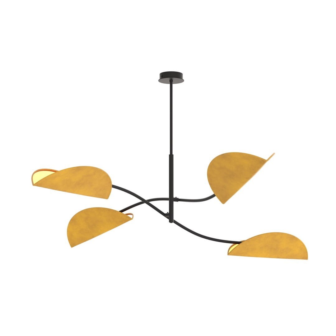 Lampa sufitowa Lotus z czarnym stelażem i czterema kloszami w kolorze pomarańczowym, w kształcie półksiężyca. Produkt zwisający, o nowoczesnym designie, idealny do wnętrz. Klosze zapewniają miękkie światło, tworząc przytulną atmosferę.
