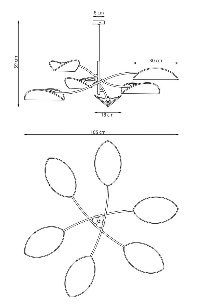 Lampa sufitowa Lotus z sześcioma oprawami E14, w kolorze czarnym i pomarańczowym. Okrągła, nowoczesna konstrukcja z liściastymi kloszami, wymiary: średnica 105 cm, wysokość 59 cm. Zawieszona na cienkim metalowym stelażu.
