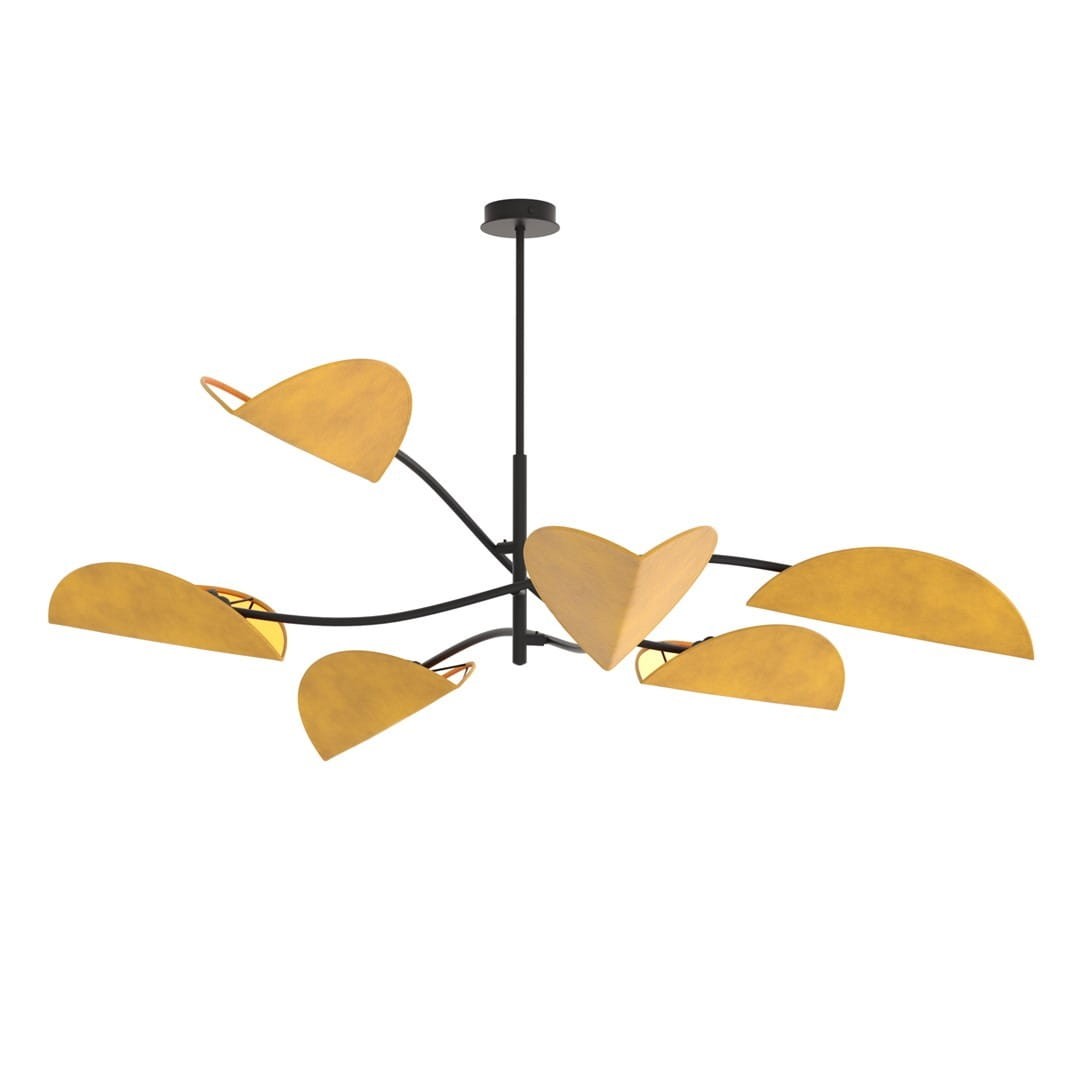 Lampa sufitowa Lotus, czarna z pomarańczowymi kloszami, sześciopunktowa, o organicznym kształcie przypominającym liście. Ujęcie z dołu, wisząca na cienkim pręcie. Klosze mają matową powierzchnię i są asymetrycznie rozmieszczone.