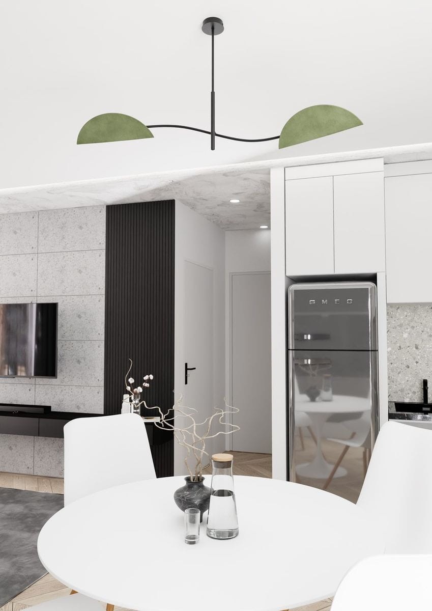 Lampa sufitowa Lotus 2xE14 w kolorze czarnym i zielonym, z dwoma półokrągłymi kloszami, zamontowana na cienkim czarnym przewodzie. Ujęcie z dołu, widoczna w nowoczesnym wnętrzu z białym stołem i telewizorem w tle.