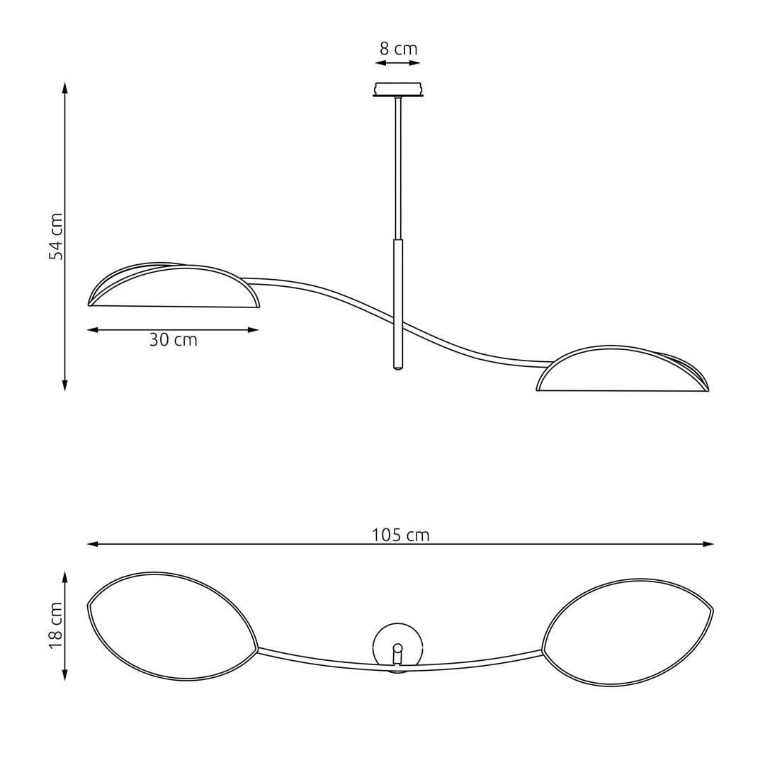Lampa sufitowa Lotus 2xE14 w kolorze czarnym i zielonym. Posiada dwa zaokrąglone klosze umieszczone na falistej ramie. Wymiary: długość 105 cm, wysokość 54 cm, szerokość 30 cm, średnica zamocowania 8 cm.