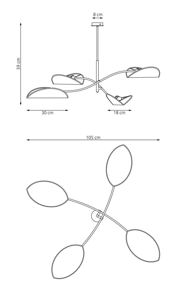 Lampa sufitowa Lotus 4xE14 w kolorze czarnym i zielonym. Posiada cztery osłony w kształcie liści, zamontowane na elastycznych ramionach, o wymiarach 105 cm szerokości, 59 cm wysokości oraz średnicy podstawy 8 cm.