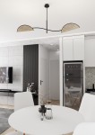 Czarna lampa sufitowa Lotus z dwoma kloszami w naturalnym kolorze, zawieszona pod sufitem. Klosze mają okrągły kształt z plecionką. Lampa umieszczona w nowoczesnym wnętrzu z białymi meblami i drewnianą podłogą.