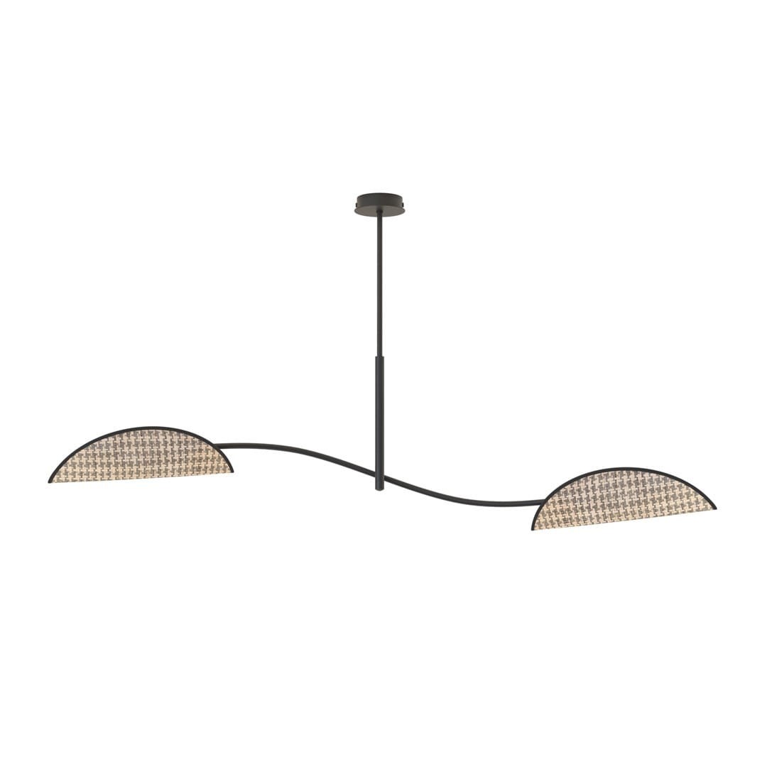 Lampa sufitowa Lotus 2xE14 w kolorze czarnym z naturalnymi, półokrągłymi kloszami z plecionki. Zawieszona na cienkim przewodzie, z charakterystycznym falistym kształtem. Idealna do nowoczesnych wnętrz.