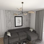 Lampa sufitowa Lotus 4xE14 w kolorze czarnym z naturalnymi akcentami. Posiada cztery klosze w kształcie liści, umieszczone na elastycznych ramionach, zawieszona w nowoczesnym wnętrzu z szarymi ścianami i sofą.