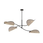 Czarna lampa sufitowa Lotus z czterema źródłami światła E14, o nowoczesnym designie. Elementy w kształcie liści wykonane z naturalnego materiału, umieszczone na giętkich ramionach. Lampa zawieszona na cienkim przewodzie, idealna do nowoczesnych wnętrz.