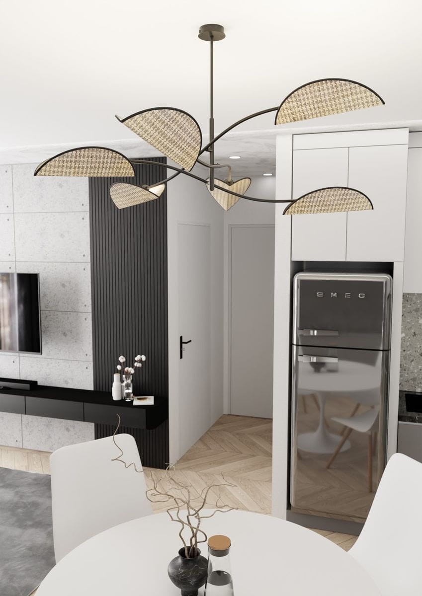 Lampa sufitowa Lotus 6xE14 w kolorze czarnym z naturalnymi akcentami, z sześcioma kloszami w kształcie liści, umieszczona w nowoczesnym wnętrzu. Klosze mają plecioną fakturę, a lampa wisi w centralnym punkcie pomieszczenia.