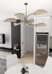 Lampa sufitowa Lotus 6xE14 w kolorze czarnym z naturalnymi akcentami, z sześcioma kloszami w kształcie liści, umieszczona w nowoczesnym wnętrzu. Klosze mają plecioną fakturę, a lampa wisi w centralnym punkcie pomieszczenia.