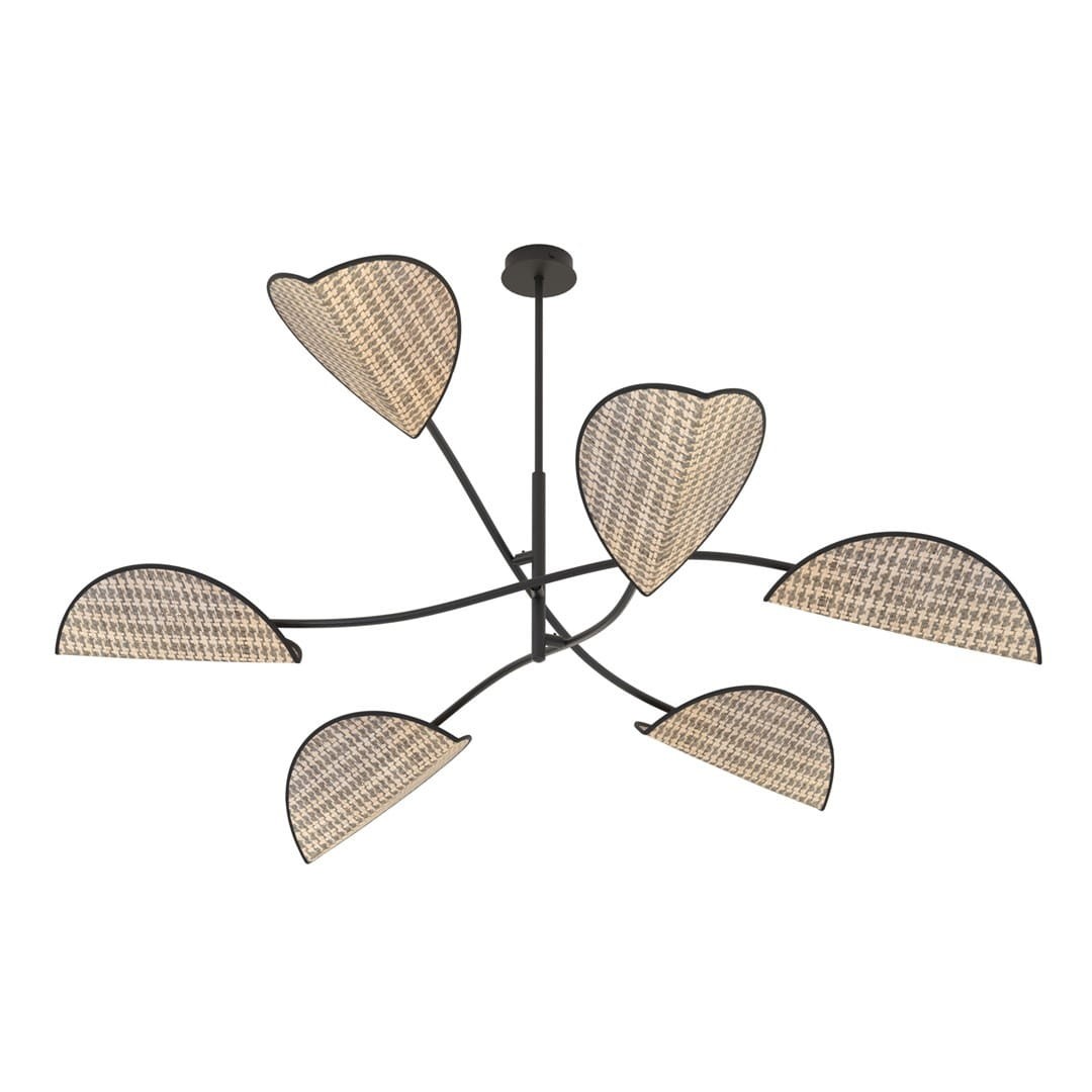 Lampa sufitowa Lotus z sześcioma kloszami w kształcie serc, wykonana z czarnego metalu i naturalnego materiału. Klosze umieszczone na elastycznych ramionach, wieszana na suficie. Wymiary i detale konstrukcyjne nieokreślone.